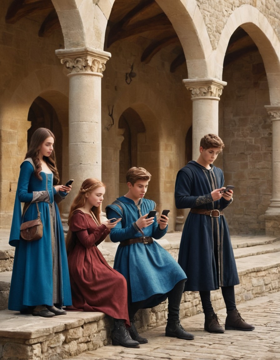 teenagers, medieval, smartphones, castle courtyard, art