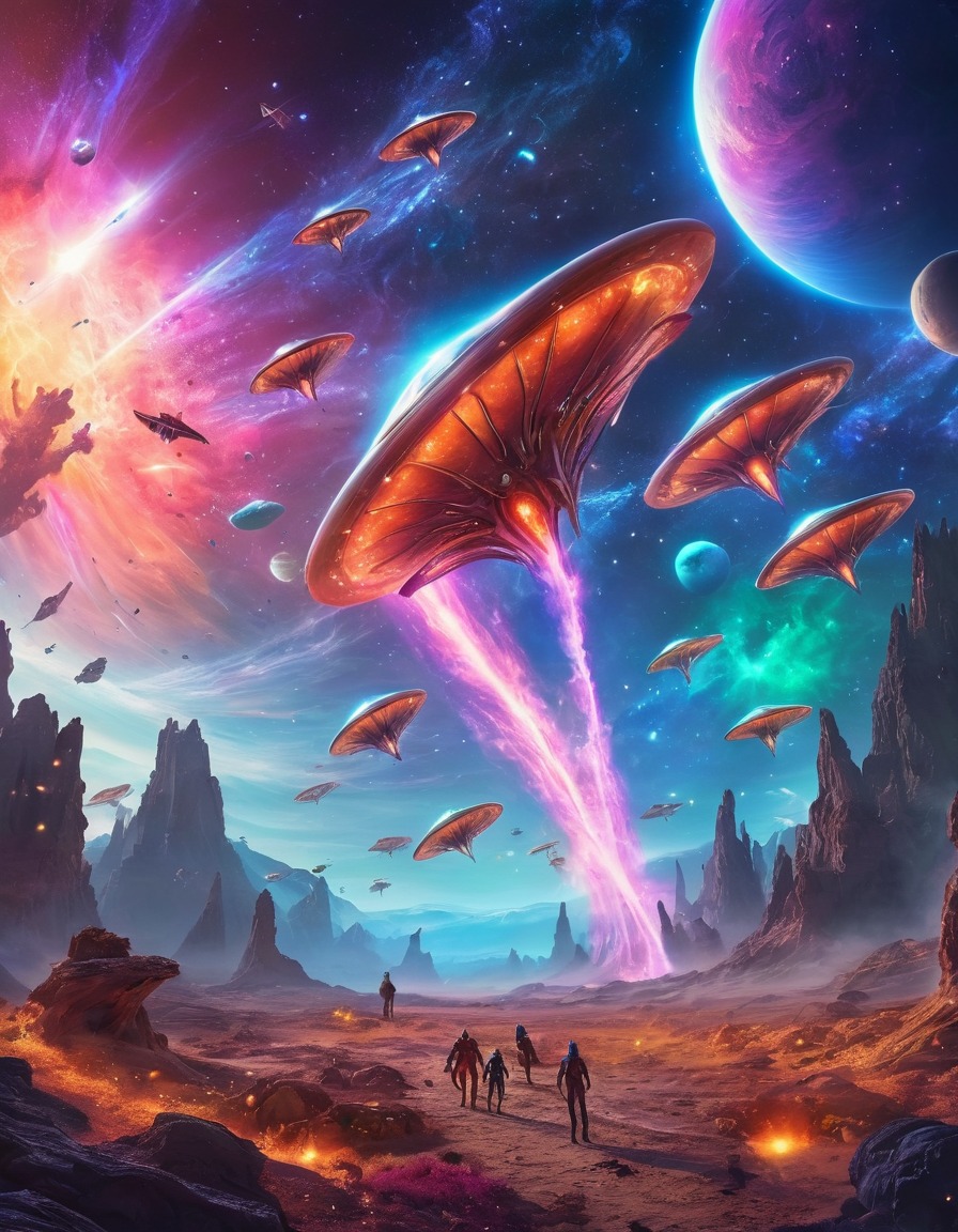 space, alien creatures, nebula, colorful, swarm, outer space, sci-fi