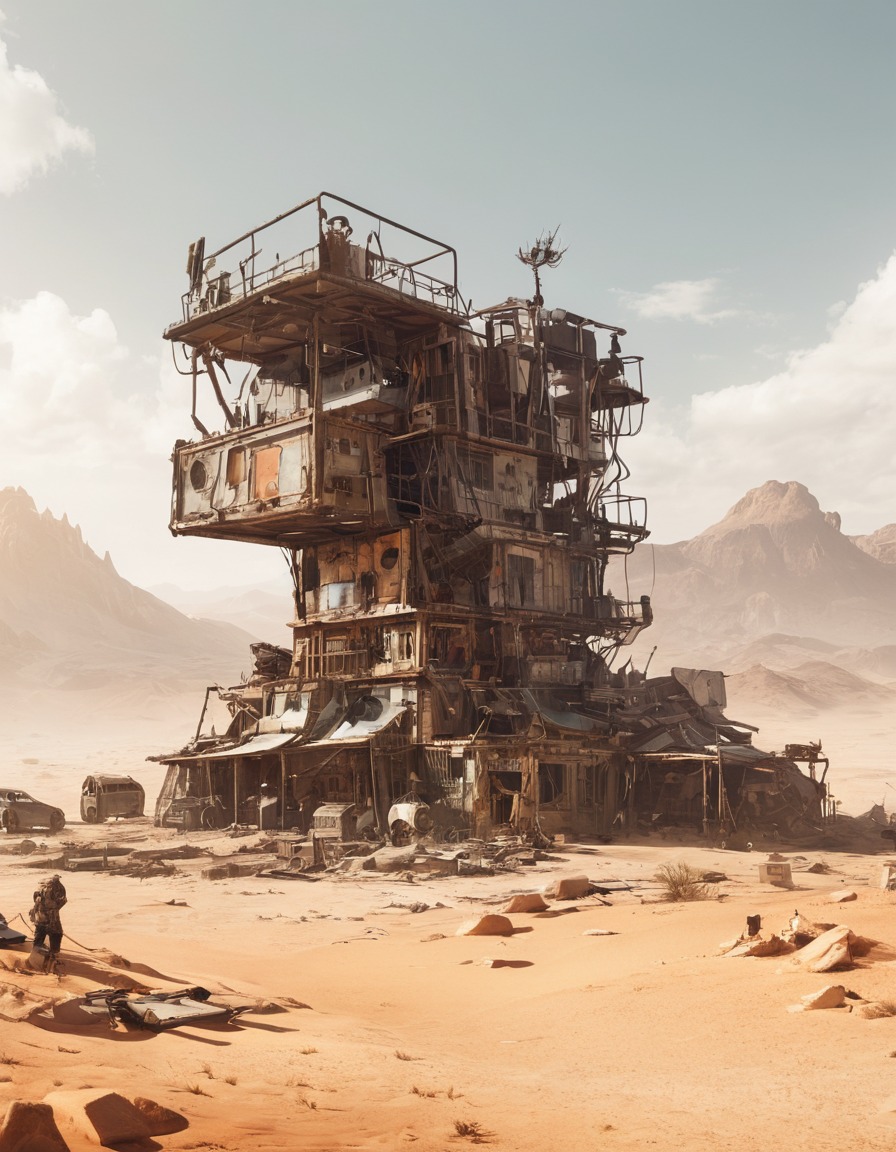 wasteland, settlement, scrap metal, salvaged materials, desert, fallout, games, tv shows