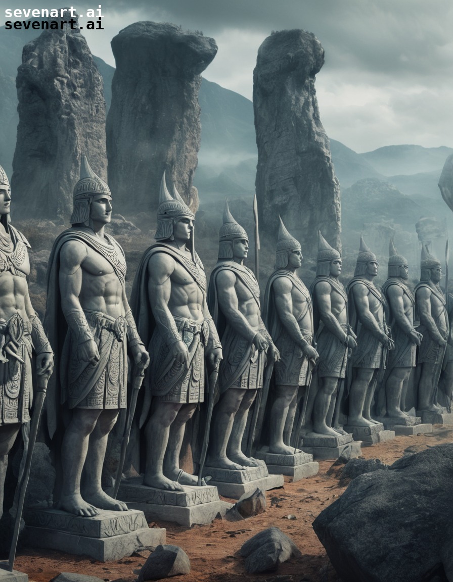 fantasy, ancient, army, stone statues, mystical realm