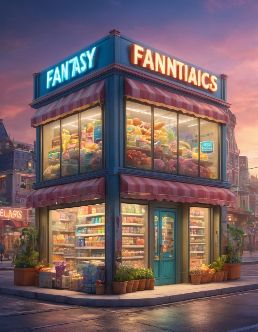 convenience store, fantasy, big city, fictional creatures, urban fantasy