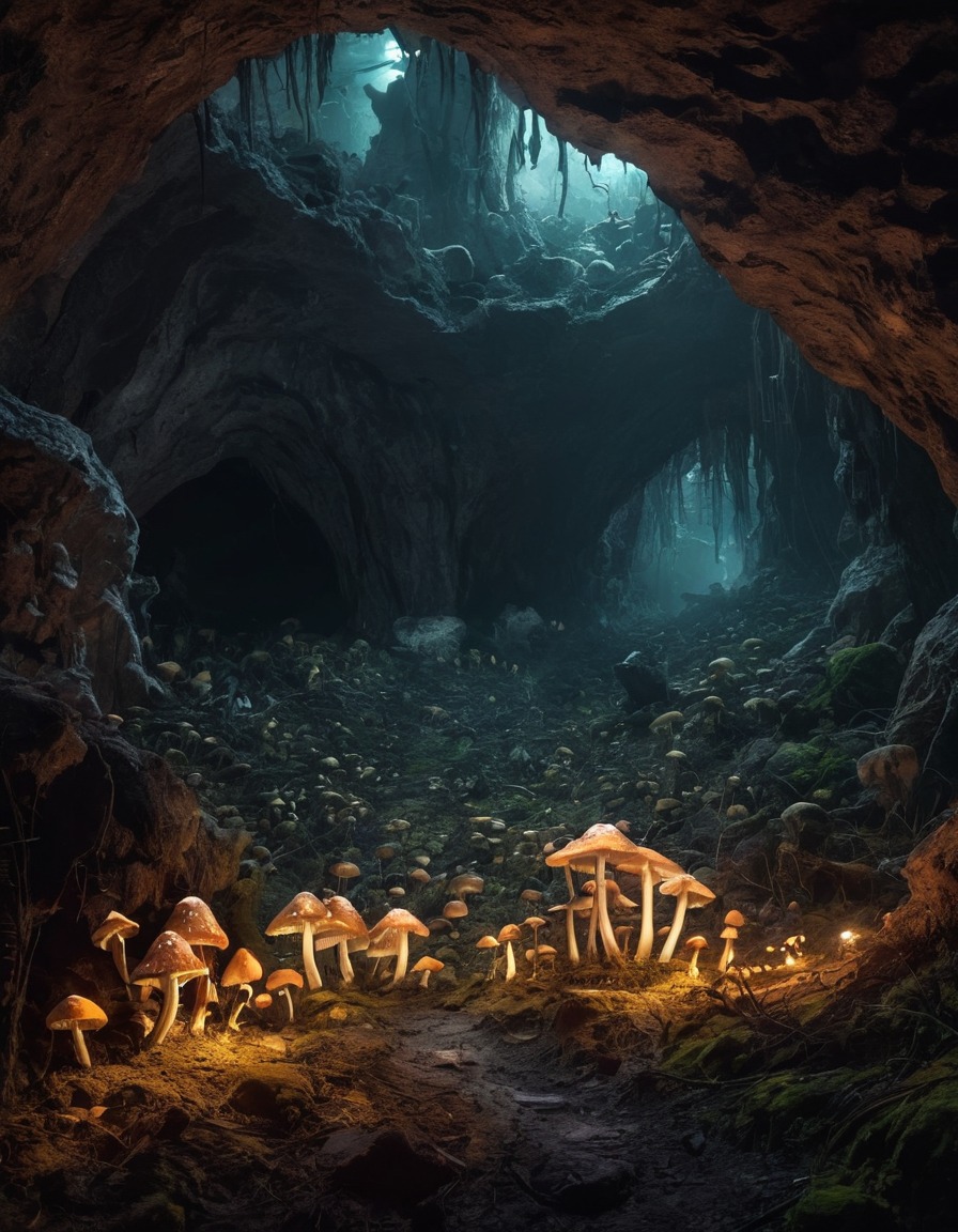 mystical, glowing mushrooms, cave, illumination, nature, fantasy, enchantment