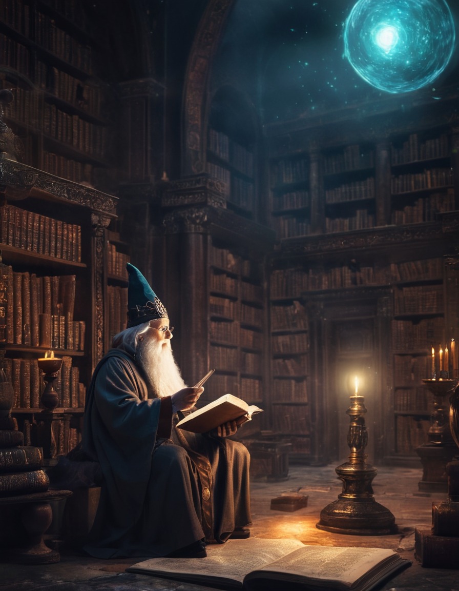 wizard, ancient, tomes, library, orbs, fantastic