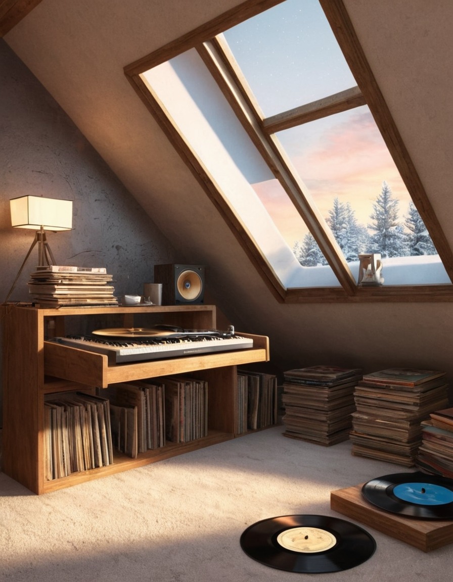 attic, retreat, slanted ceiling, skylight, old records, home, interior