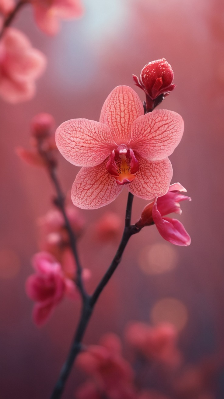 cherry blossoms, spring, red, marsala, bokeheffect