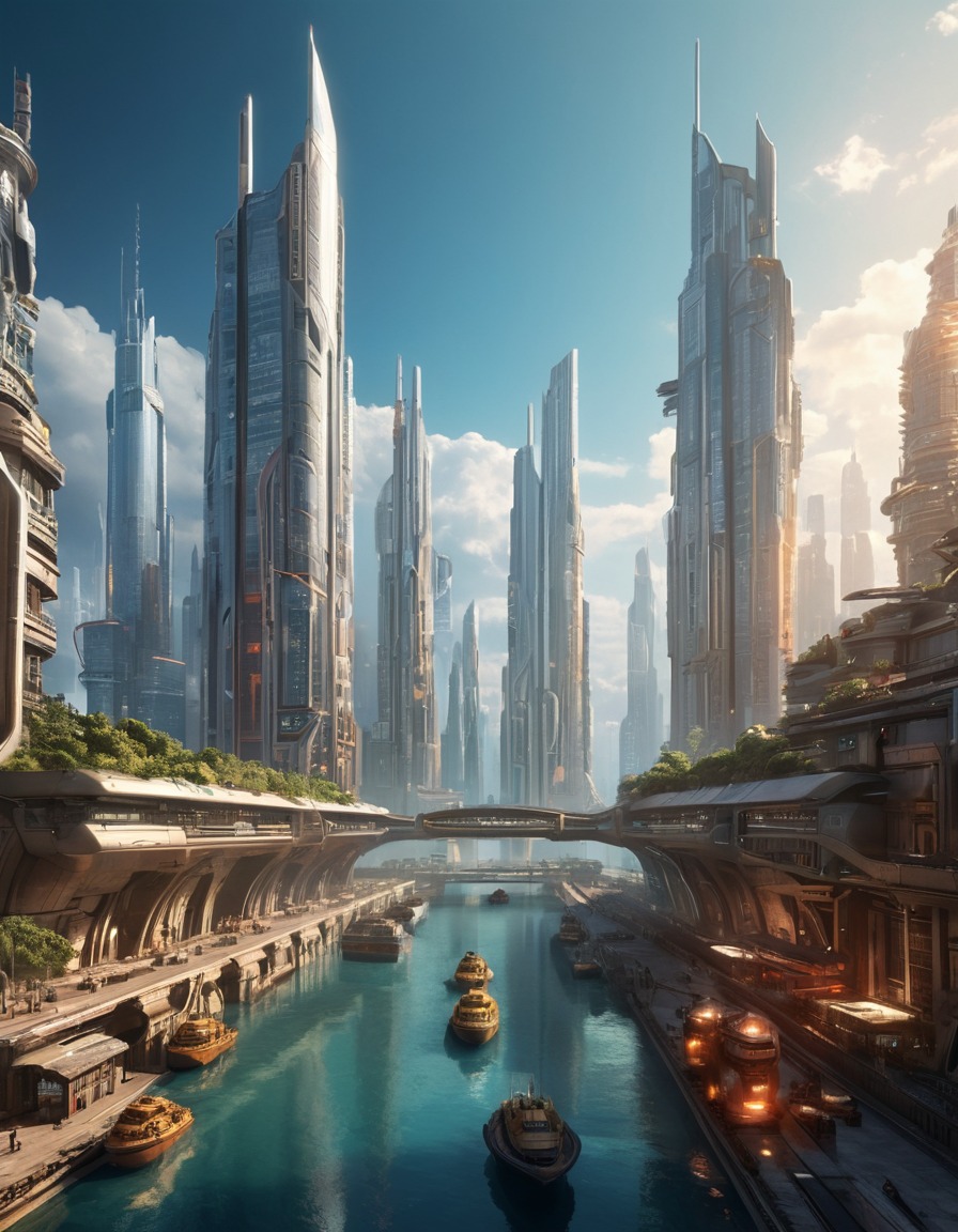 futuristic, cityscape, skyscrapers, advanced machinery