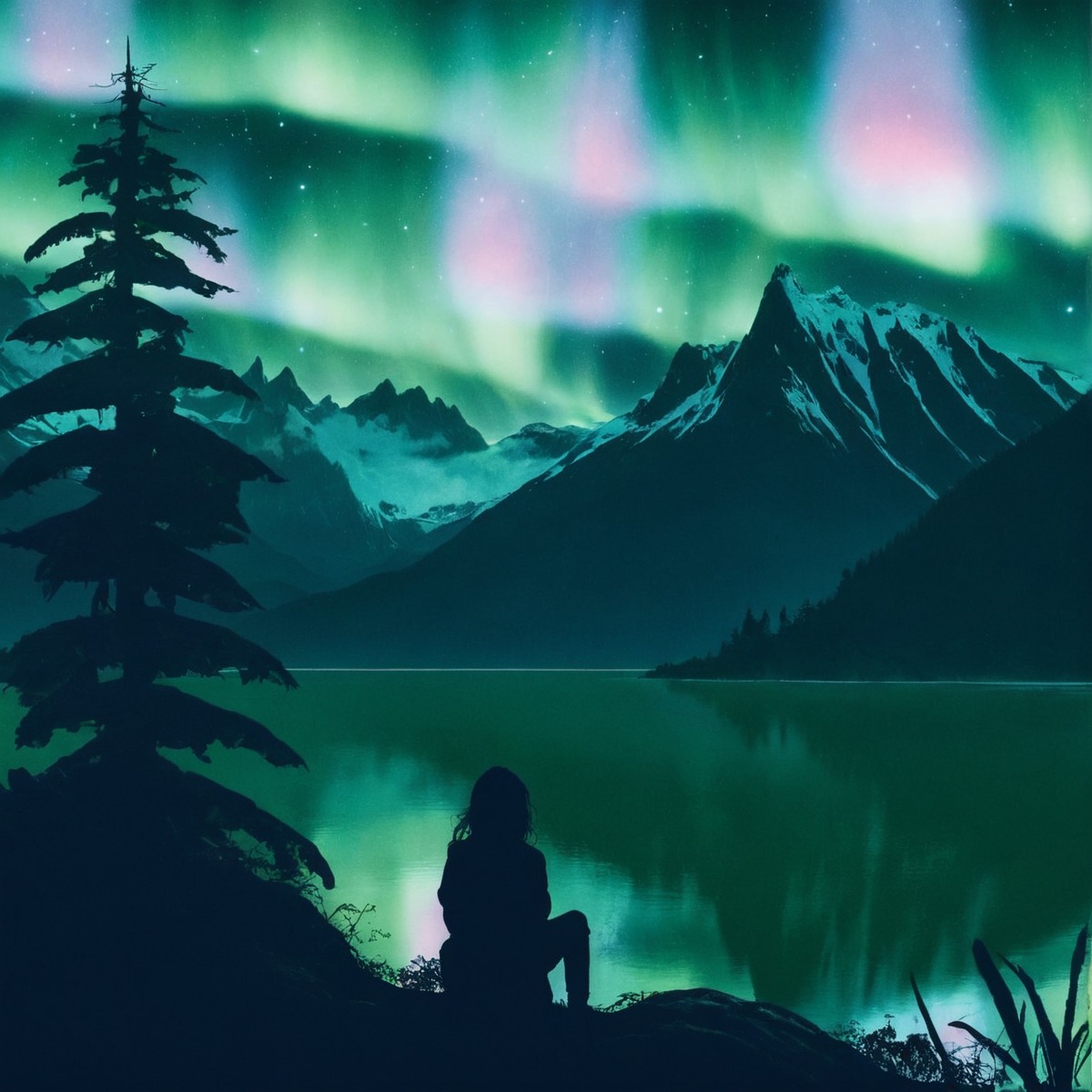 auroraborealis, digitalart, digitalartwork, digitalpainting, landscape, mountainscape, northernlights, scenery, linelessart, linelessstyle, linelessdigital