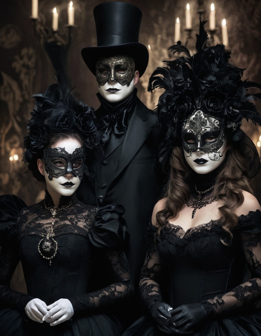 masquerade ball, black attire, porcelain masks, macabre, gothic fashion, gothic, underground, dark