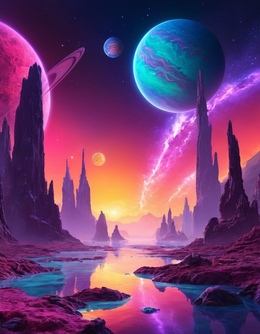 space, planets, trippy, vibrant colors, surreal, stars