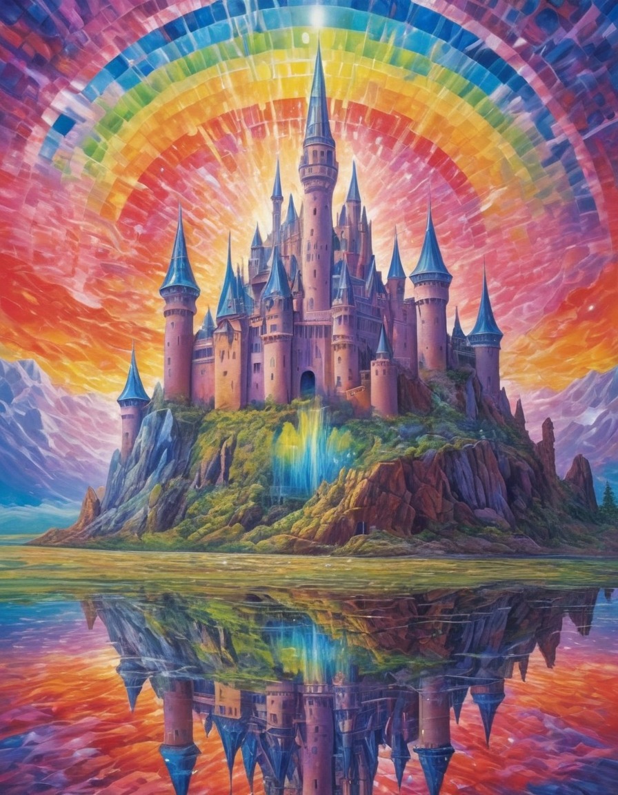 castle, crystal, rainbow, fantasy, surreal