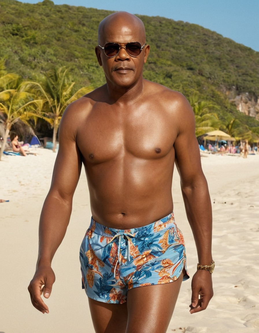 samuel l. jackson, beach, confident, swimsuit, style