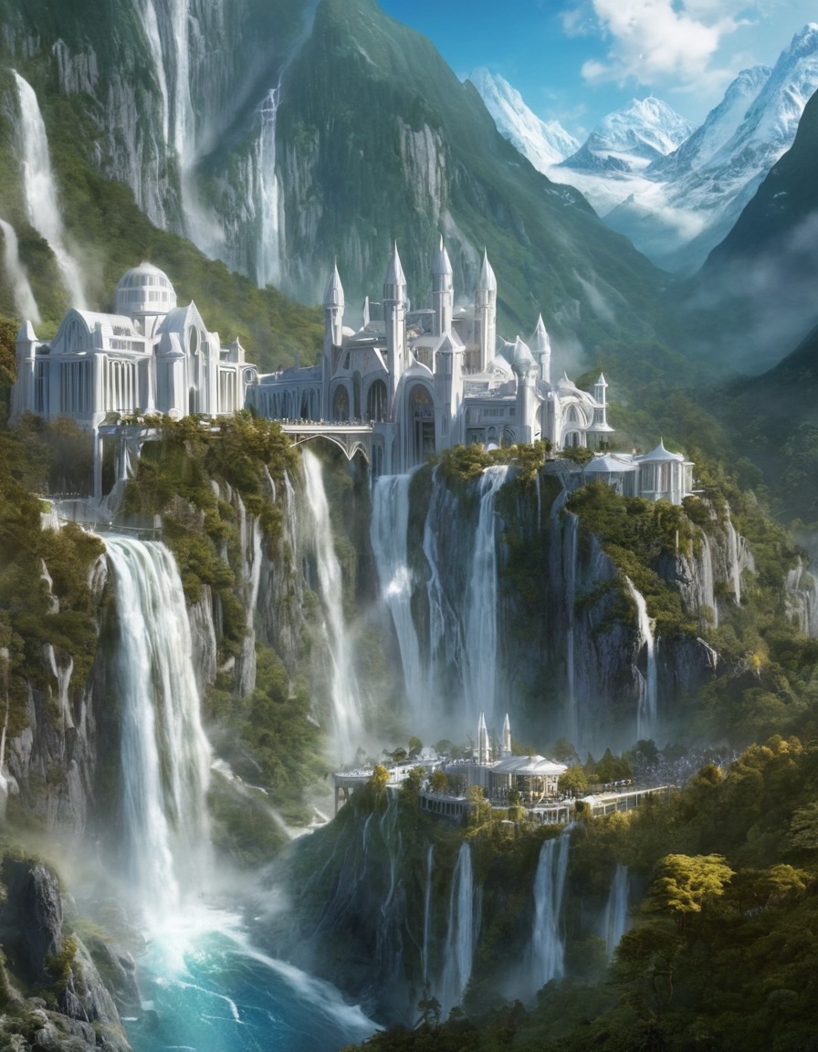 fantasy, magical, waterfalls, mountains, rivendell, john tolkien, tolkien