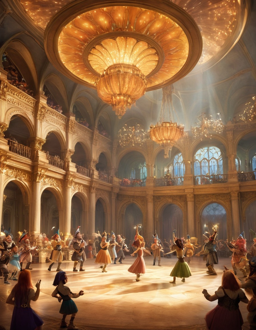 grand ballroom, trolls, dwarves, enchanted instruments, fantasy scene, dance, lively music