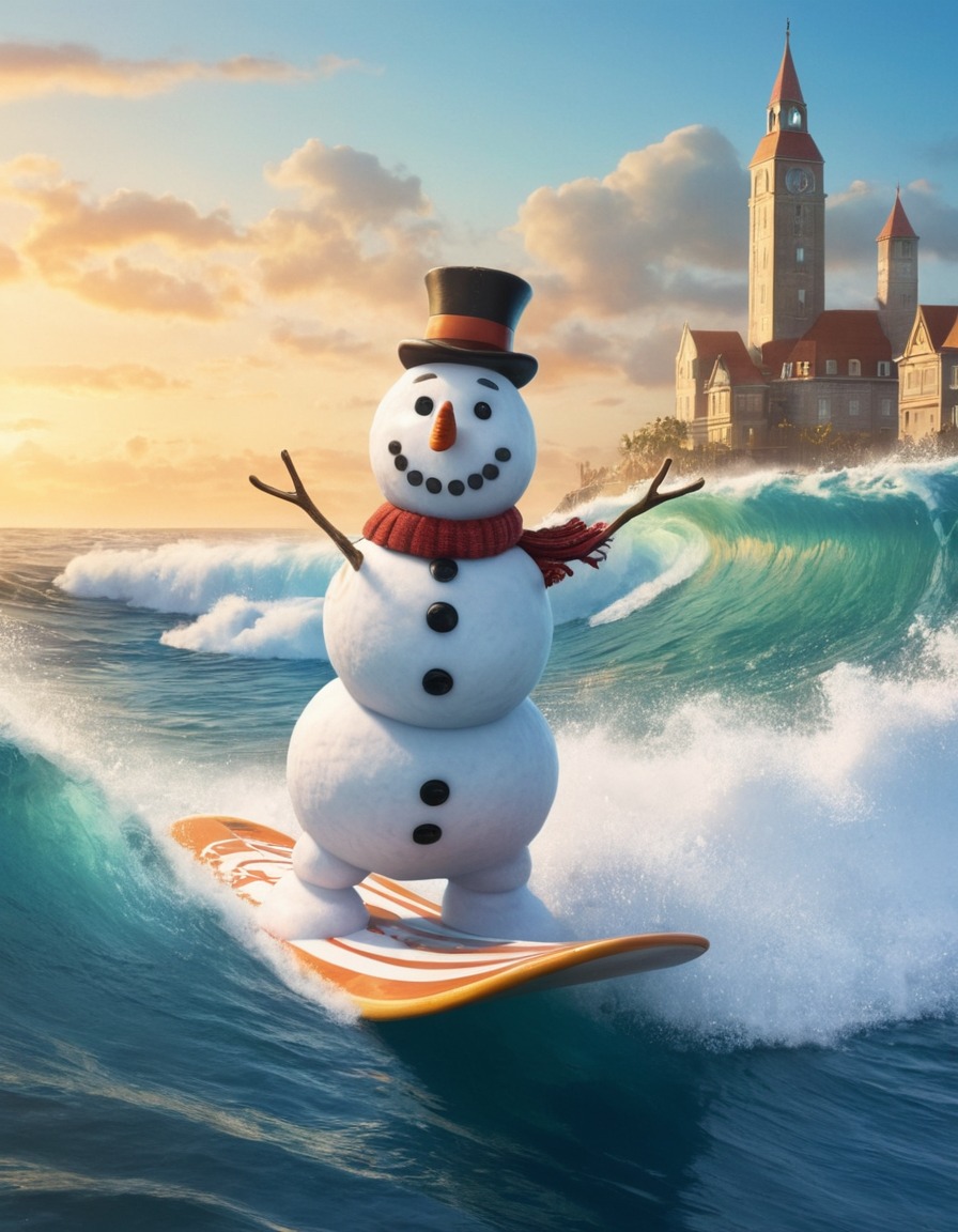 snowman, surfing, ocean, unusual, winter, fun, nature