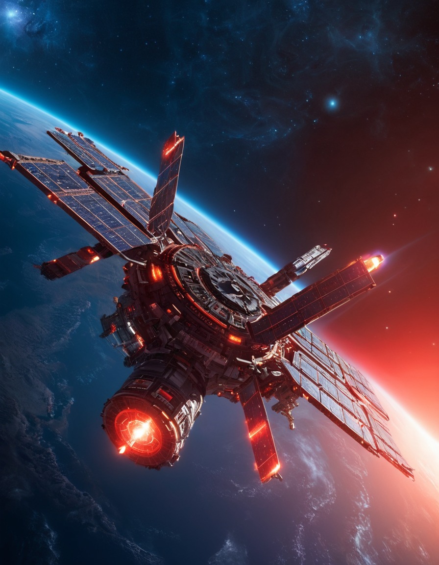 space station, mysterious, glowing red star, orbiting, space scene, astronomy