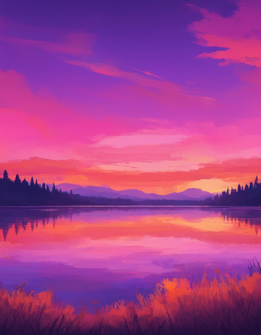 sunset, painting, sky, lake, vibrant, nature