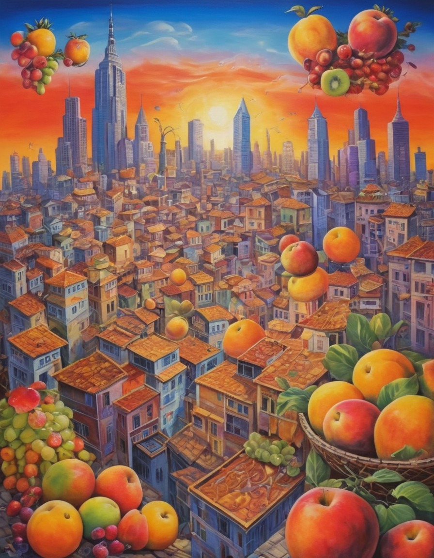 cityscape, buildings, fruit, architecture, surreal