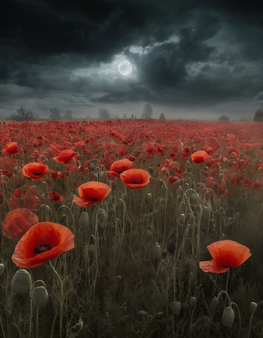 field of poppies, dreamlike, mystical, vapors, nature, fantasy, enchantment