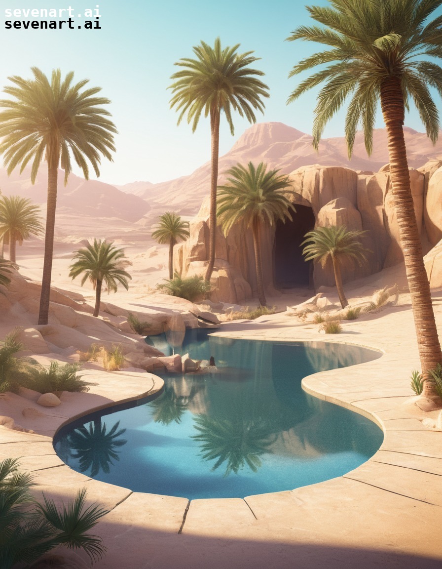 A tranquil oasis in the desert, with palm trees and a shimmering oasis ...