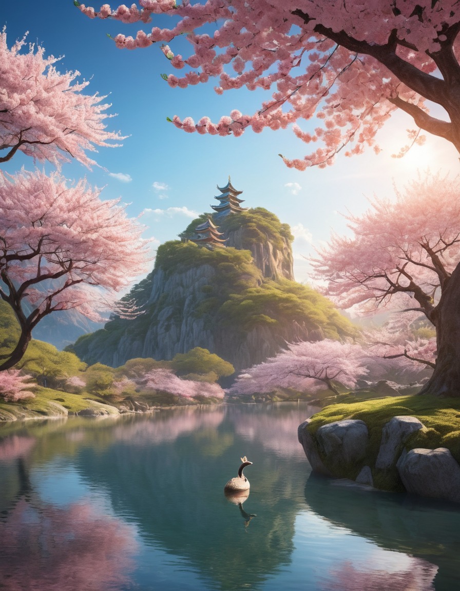 kappa, river, sunrise, cherry blossoms, japanese folklore, mythical creature