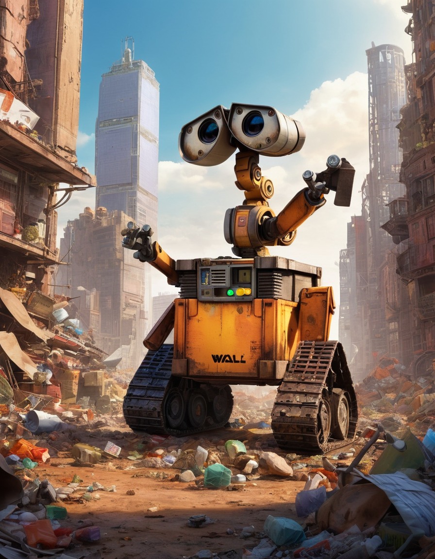 wall-e, post-apocalyptic, cityscape, skyscrapers, garbage, exploration, robots, games, movies