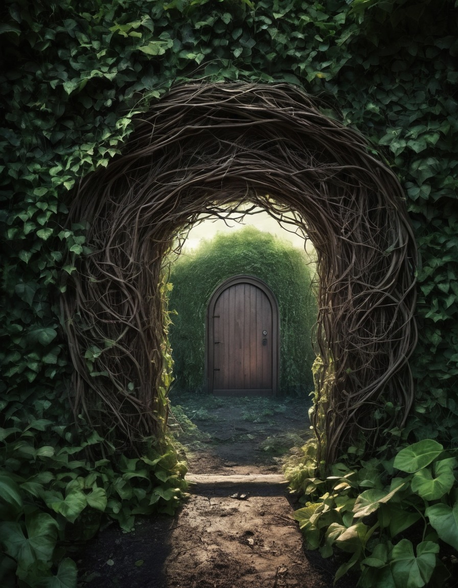 mystical, garden, doorway, vines