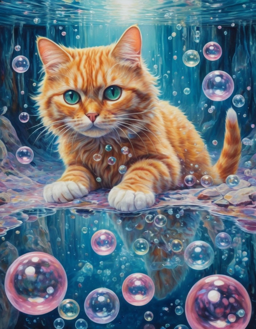 cat, bubbles, crystal-clear river, nature, whimsical, surreal