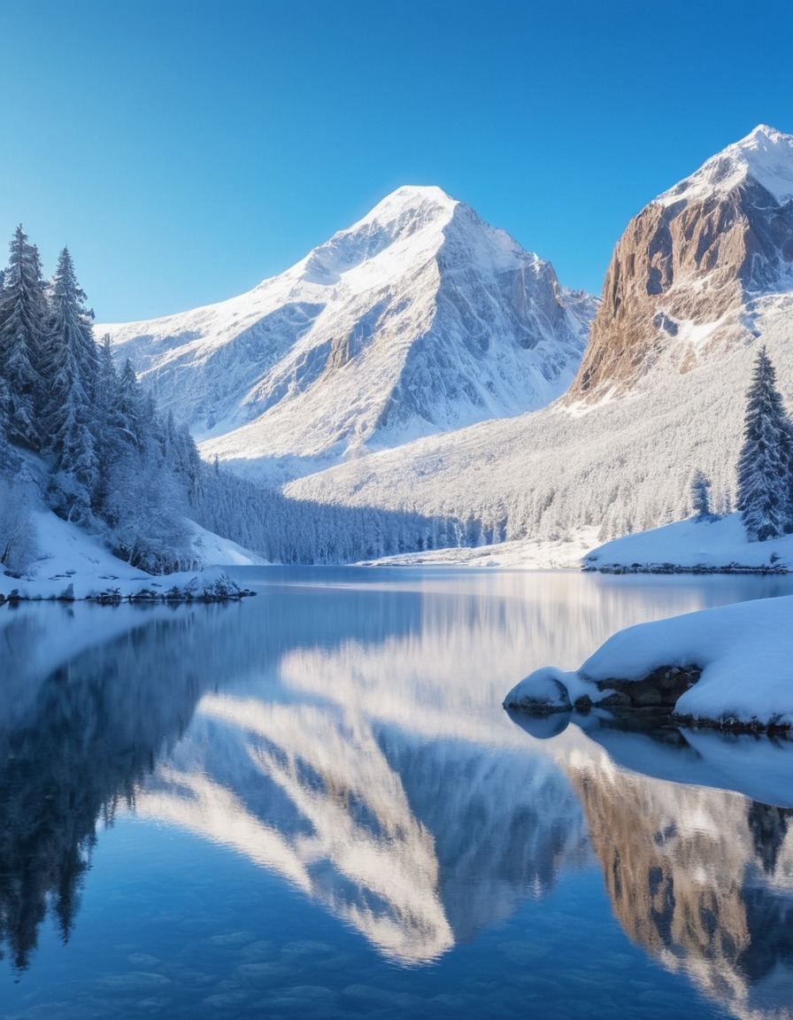 nature, landscape, lake, mountain, snow, reflection