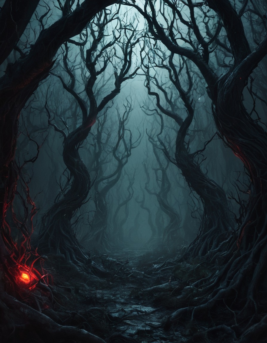 spooky, forest, twisted branches, glowing eyes, gothic, underground, dark