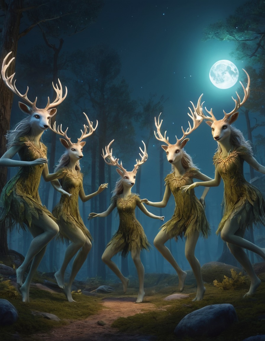 nature, forest, spirits, dancing, moonlight