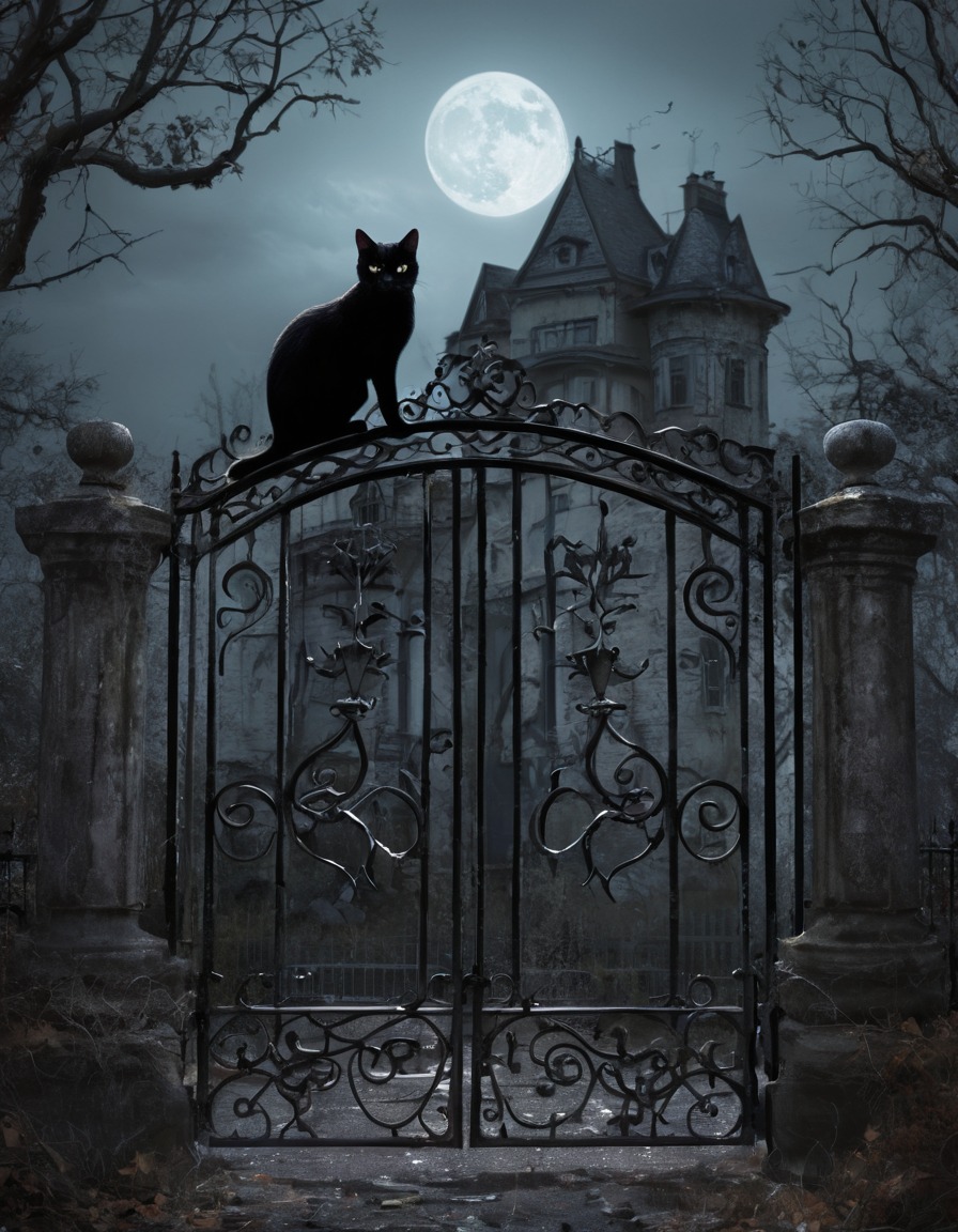 black cat, wrought iron gate, decrepit mansion, spooky, halloween, gothic, underground, dark