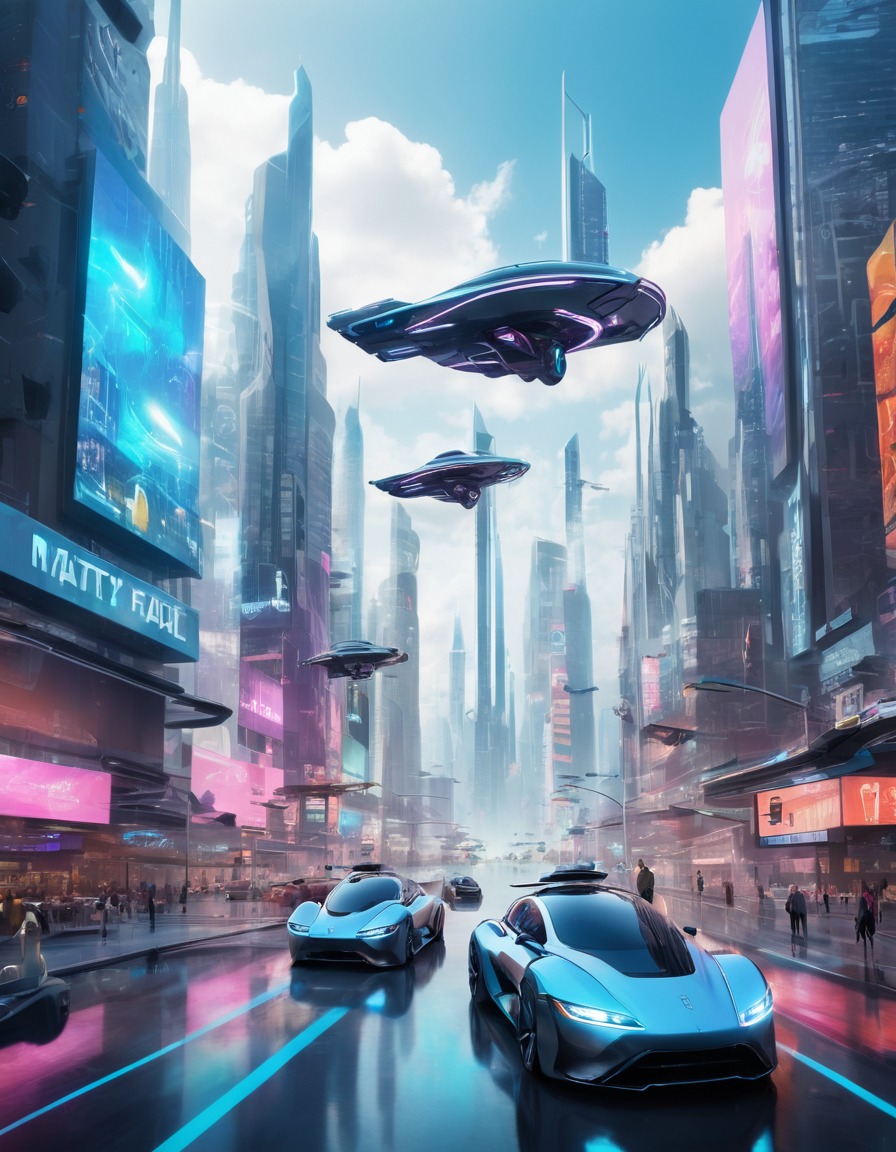 futuristic, cityscape, flying cars, holographic billboards, technology