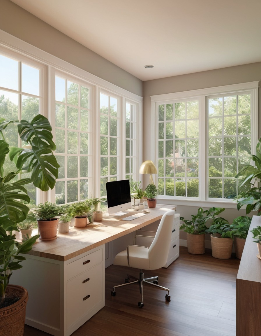 home office, desk, potted plants, backyard garden, home, interior