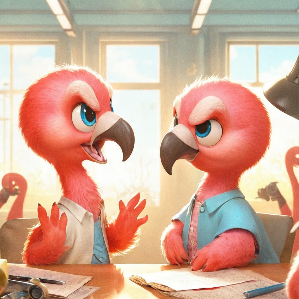 animal, bird, arguments, copilot, dalle3, fighting, flamingo, office, work, aiart