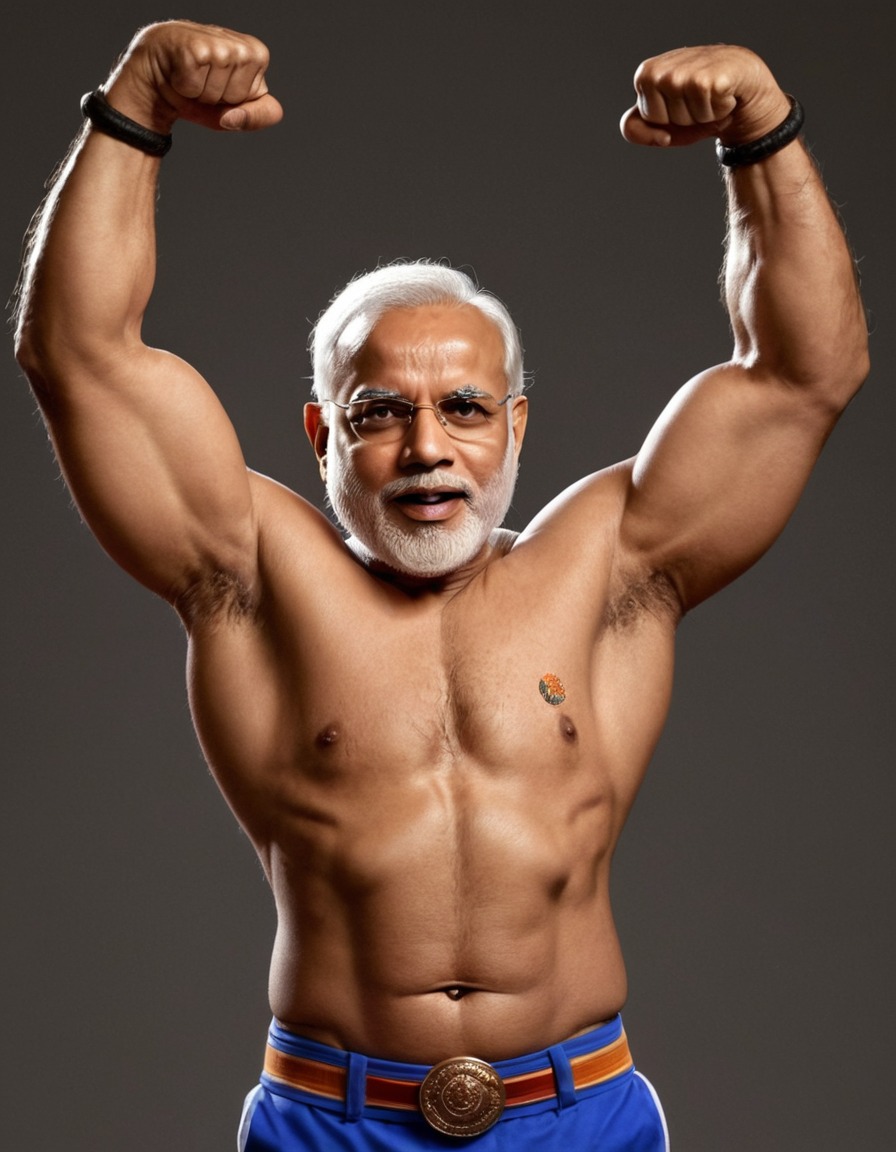 narendra modi, bodybuilding, muscle flexing, political satire