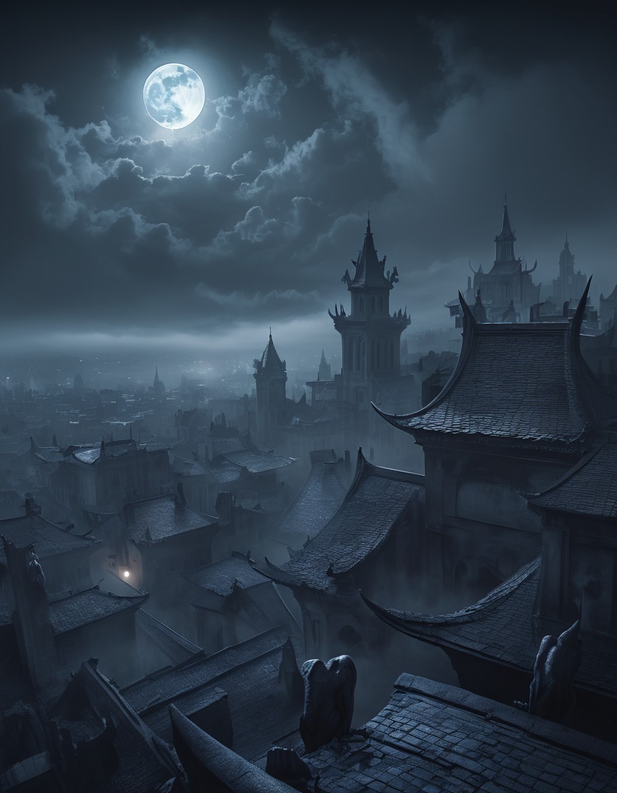 rooftop, moonlit, gargoyles, city, fog, gothic, underground, dark