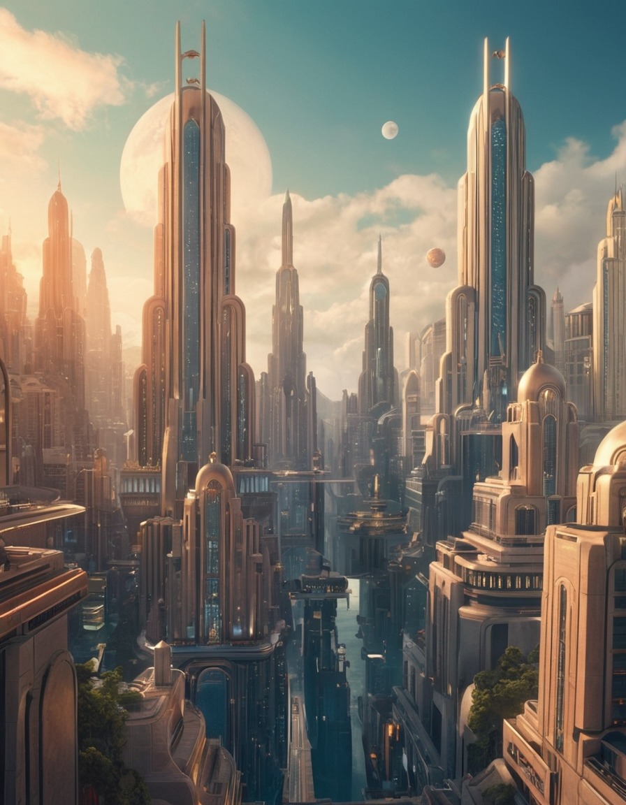 futuristic, cityscape, art deco, architecture