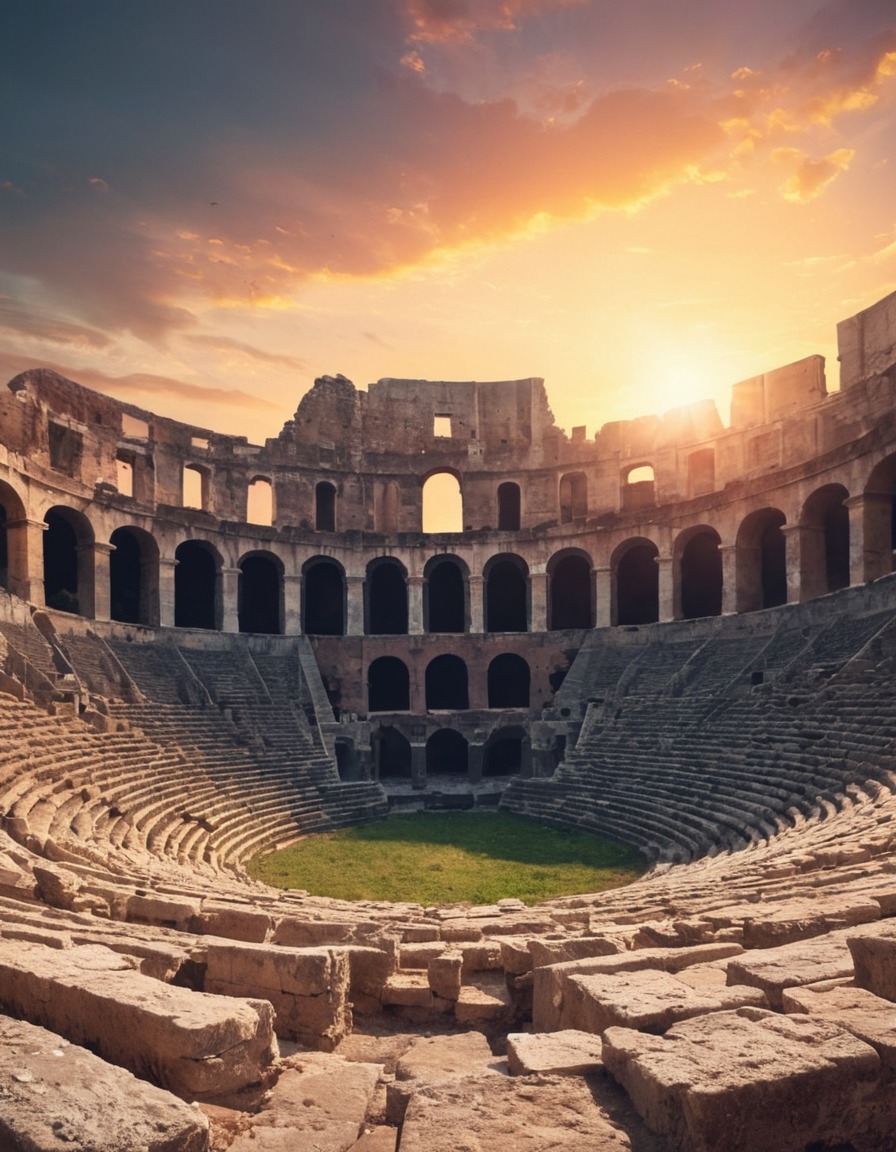 ancient, roman, amphitheater, ruins, sunset