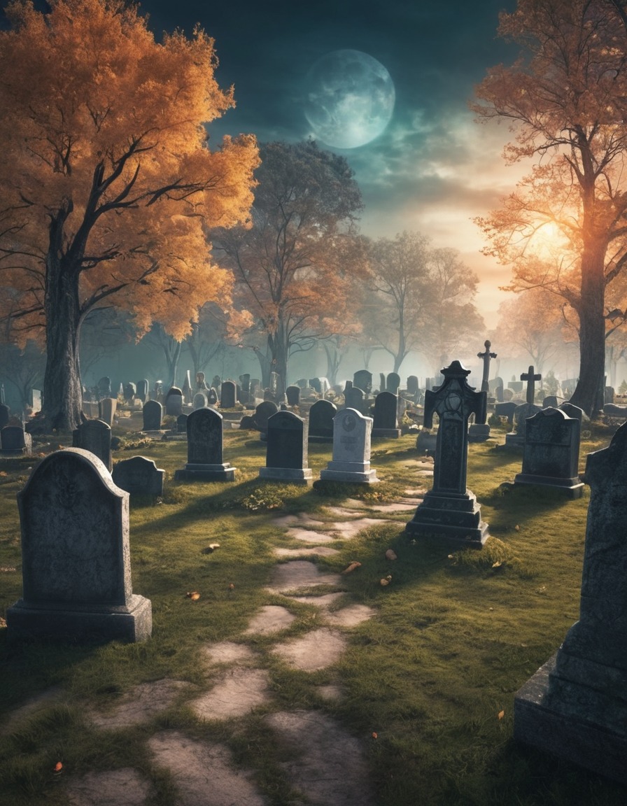 haunted graveyard, ghostly apparitions, fantasy scene, spooky atmosphere, supernatural entities, eerie setting