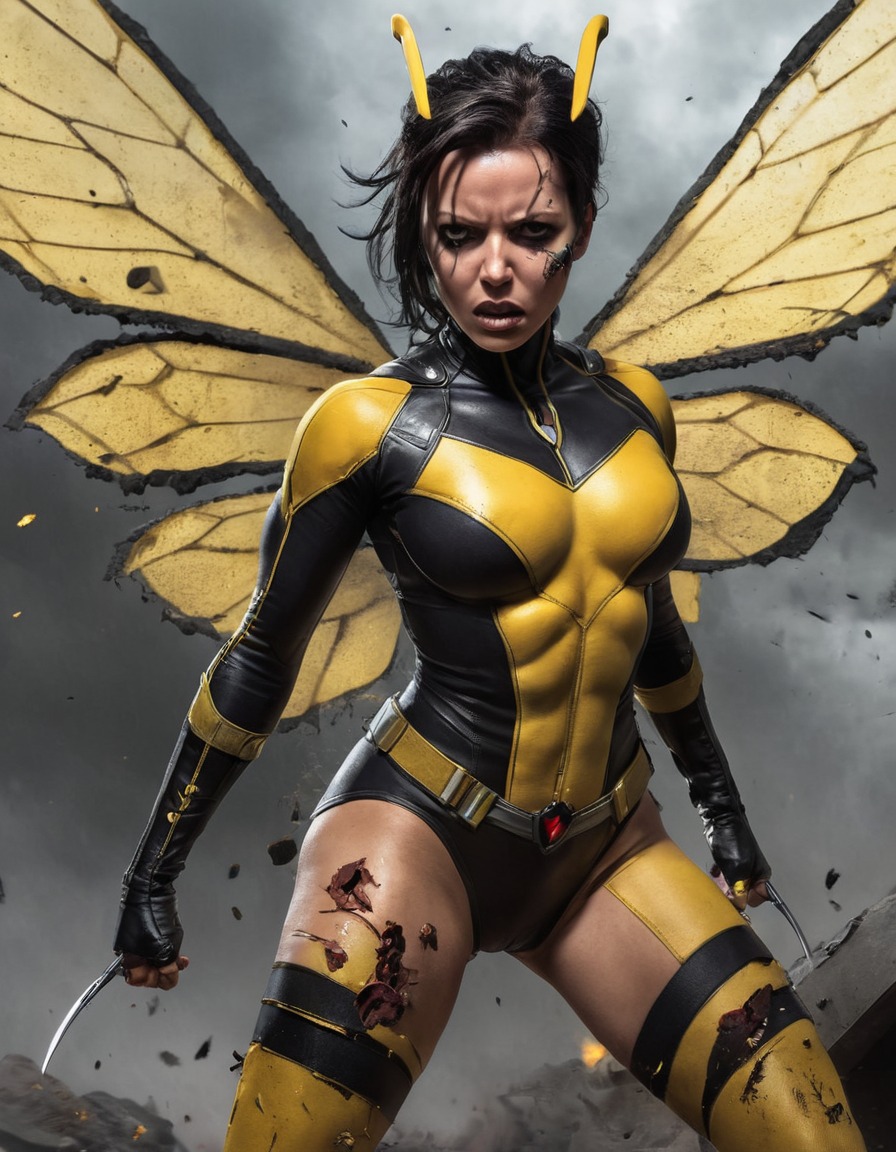 the wasp, superhero, battle, determination, strength, ripped clothes