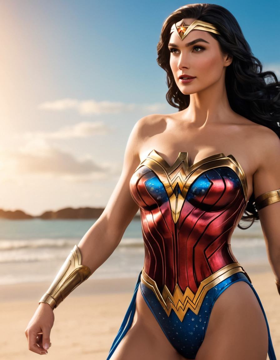 beach, wonder woman (dc comics), superhero, dc comics, swimsuit, relaxing, woman