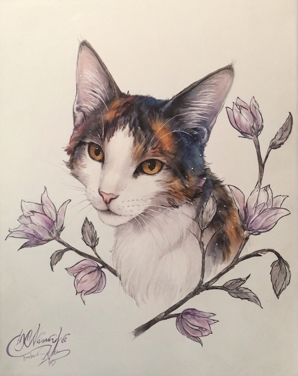 pet, catportrait, flowers, realistic, realisticdrawing, traditionalart, watercolor, watercolorpainting, watercolors, realisticcat