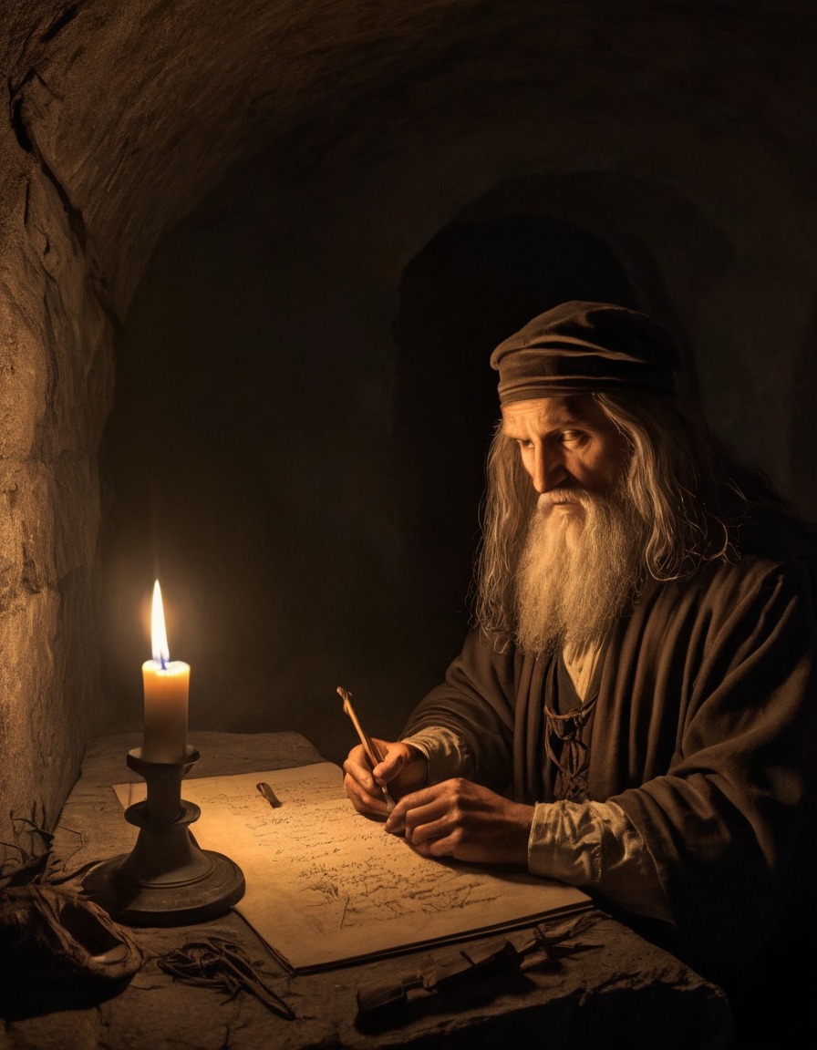 leonardo da vinci, artist, candlelight, underground lair, mysterious