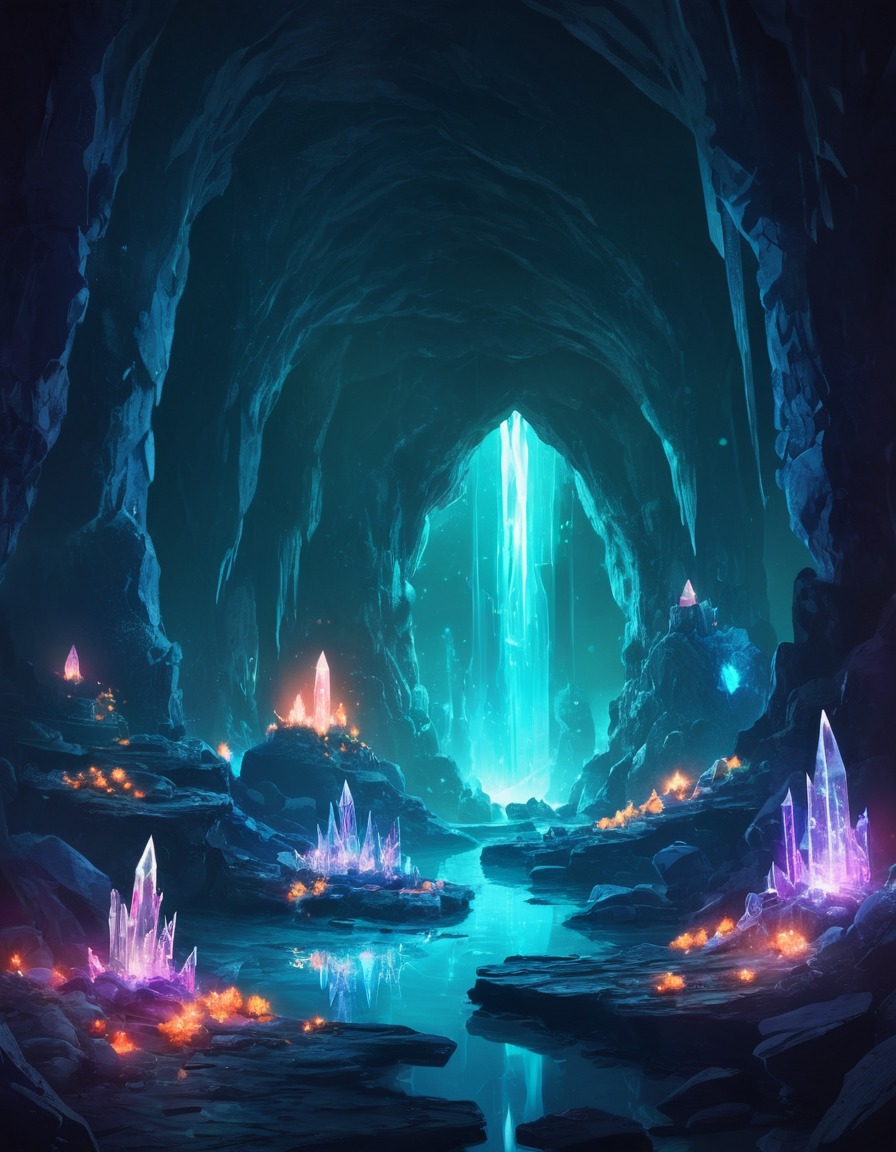 fantasy, underground, cavern, glowing crystals, gentle giants, fantastic