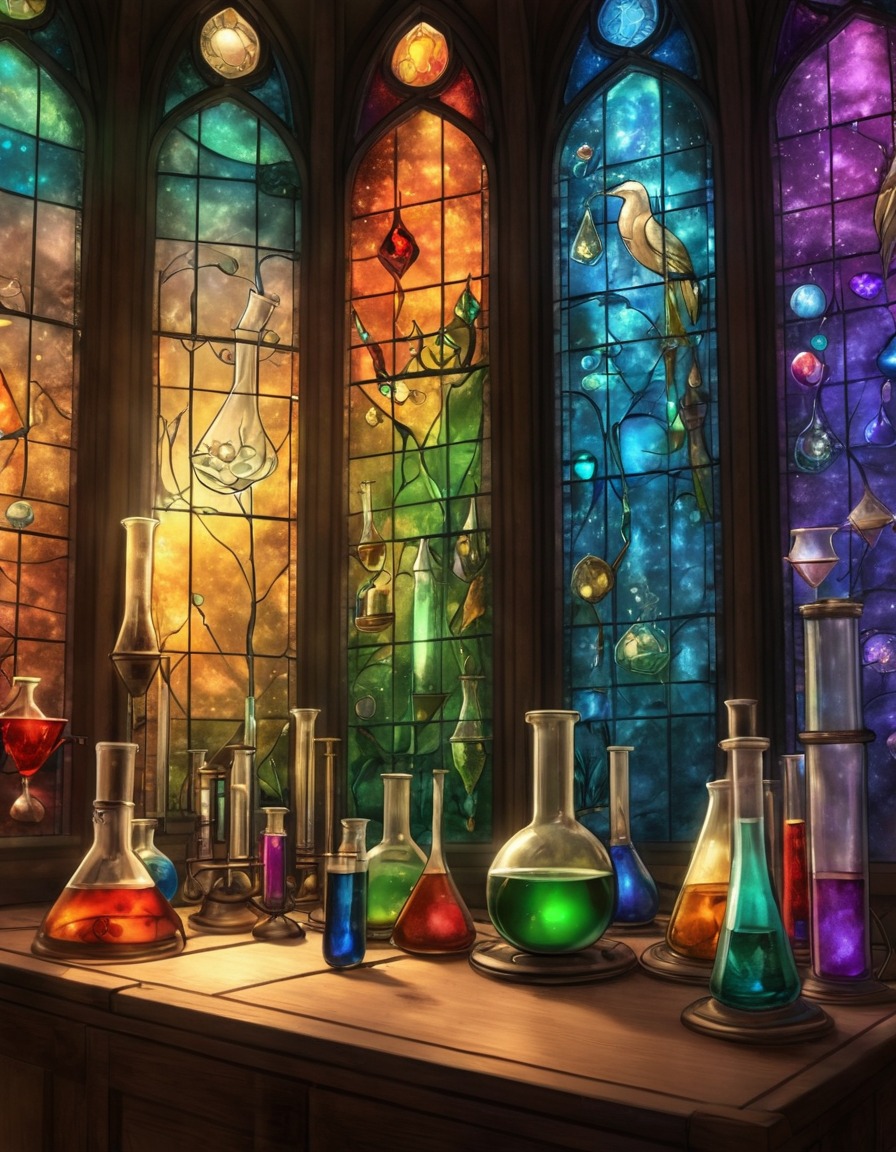 stained glass, laboratory, alchemists, beakers, test tubes, medieval, art