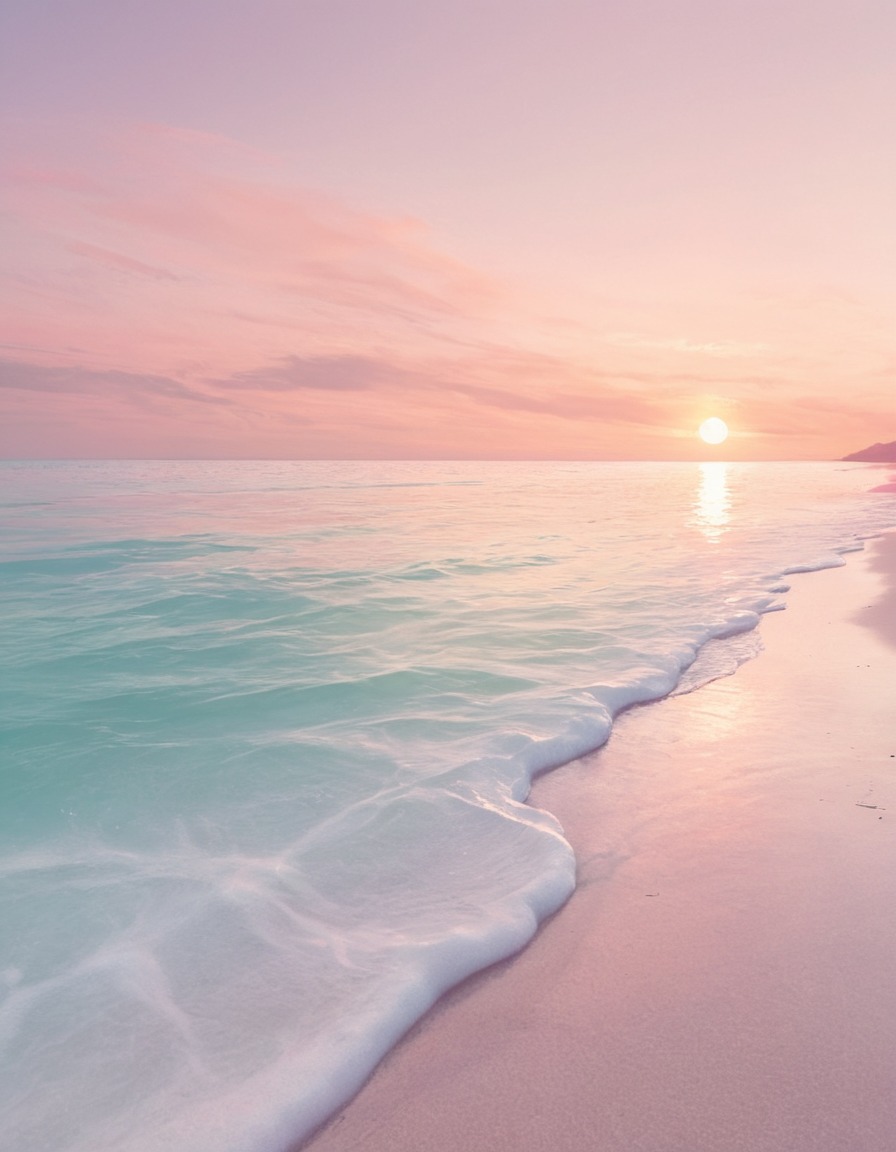 beach, sunset, tranquil, crystal-clear waters, pastel-colored