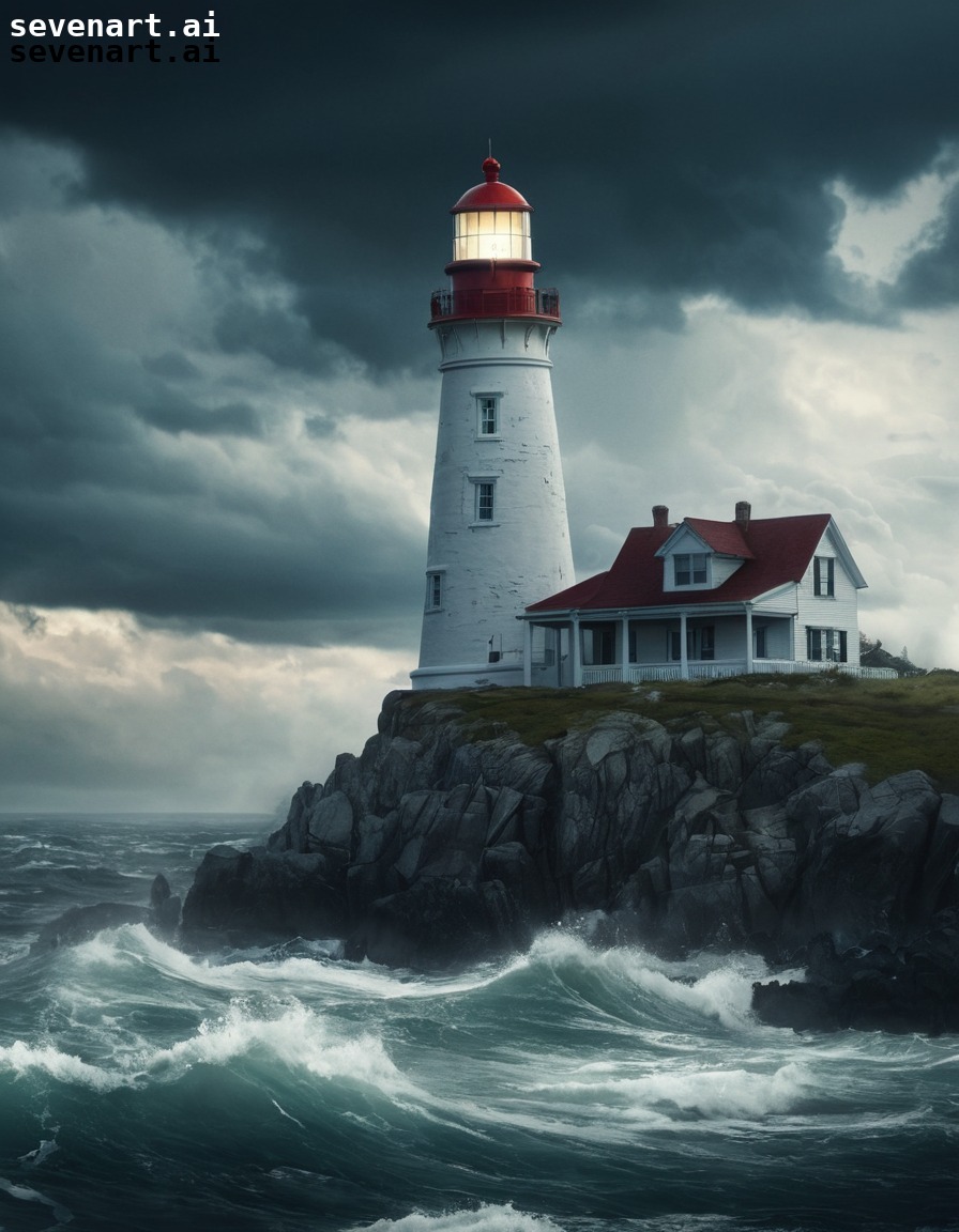 A picturesque lighthouse standing tall against a stormy, dramatic sky ...