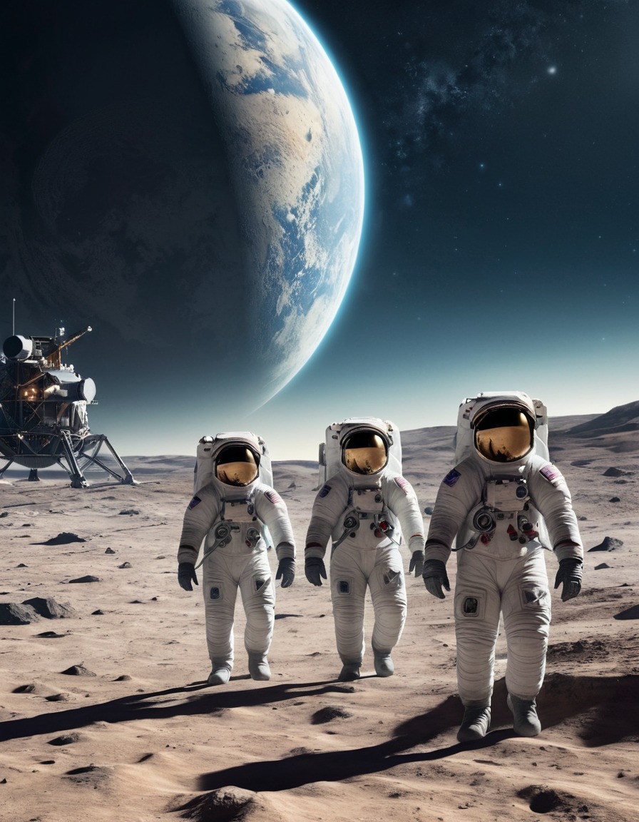 astronauts, moon, earth, space exploration, desolate landscape, space travel, cosmic view