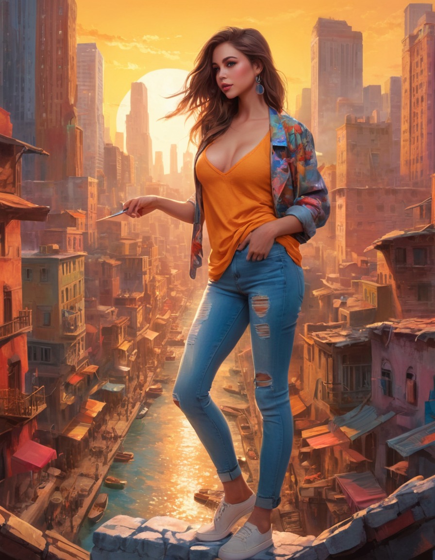 woman, ripped clothes, painting, cityscape, passion, female, sexy