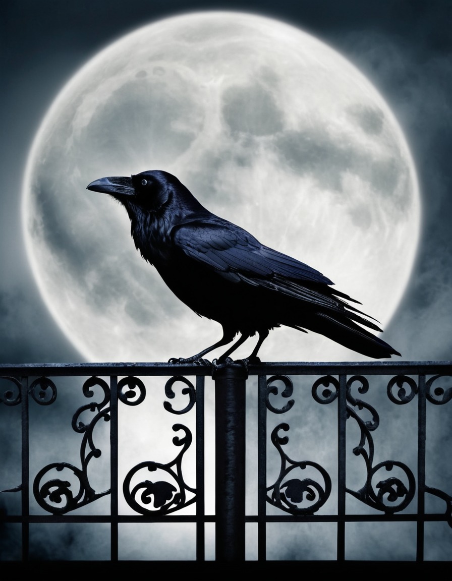 raven, wrought iron fence, full moon, silhouette, gothic, underground, dark